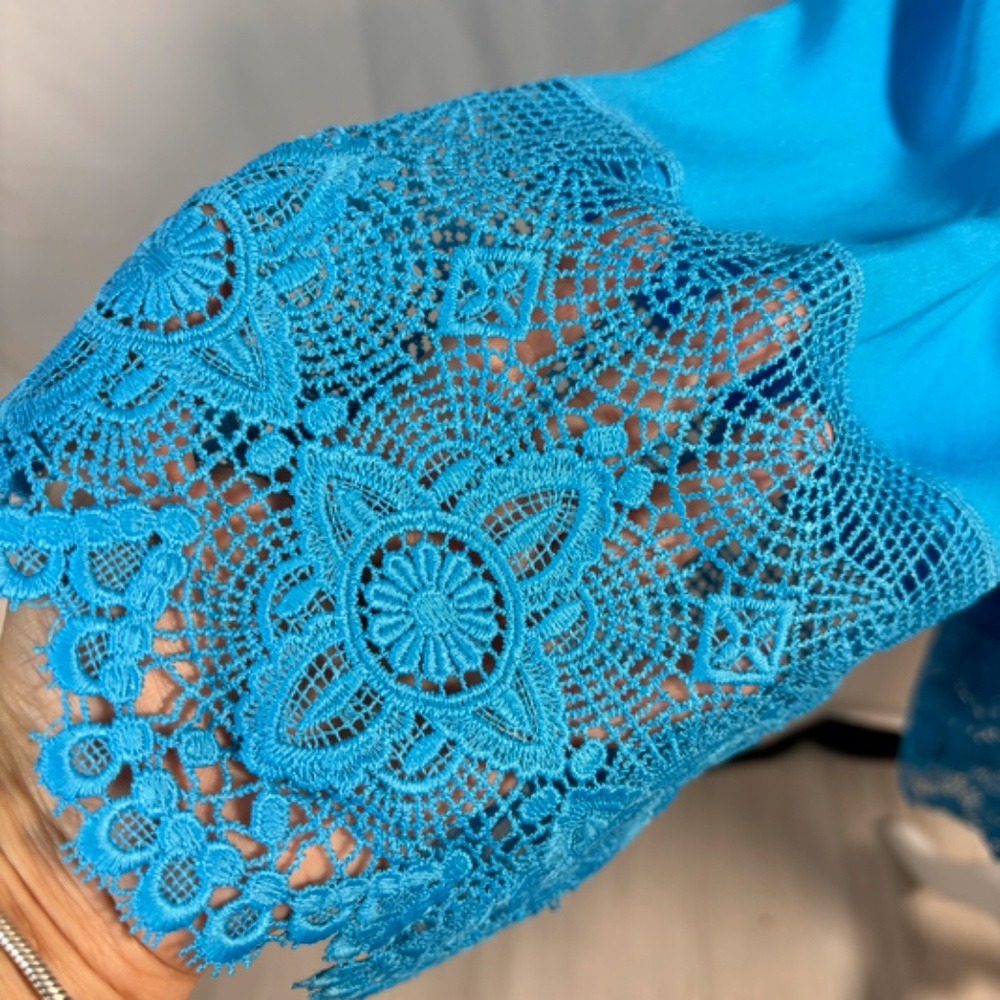 Gypsy Boho Tunic Top | Lace Crochet Detail | Blue Medium - Picture 6 of 9